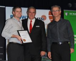 PhotoID:13026, Dwayne is congratulated by L-R Dr Lee Gregory, Managing Director of 12D Solutions Pty Ltd and Tony Ingold, Director, Extra Dimension Solutions