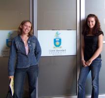 PhotoID:4232, First-year Education student Paige Ringelstein (right) and and Nursing student Andrea O'Brien check out the new facility