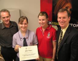 PhotoID:4795, Andrew Gauci from Rockhampton Rotary North (left) and Neil Butler and Amelia Tomlinson from CQU congratulate Julie Kayes