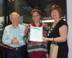 PhotoID:13330, Karen Seary (right) and local STEPS coordinator Dr Mort Harslett congratulate completing student Tully Clayton