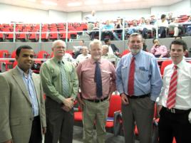 PhotoID:11385, Power and Energy seminar leaders L-R Dr Aman Maung Than Oo, Professor Peter Wolfs, Professor Graham Pegg, Ted Gardner and MC Blake Harvey, who is Ergon's Manager for Alternative Energy Solutions (Rural)