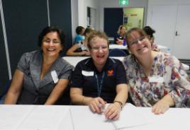 PhotoID:14055, Assoc Prof Trudy Dwyer (left) networks with Leanne Wall and Andrea McLucas at the workshop