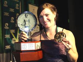 PhotoID:6598, Anna Meares with the Sir Hubert Opperman Medal and Trophy.  Copyright: Cycling Australia.