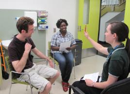PhotoID:13494, Cameron Stevenson and Monica Diya get some study and career tips from one of the senior OT students at CQUniversity's Allied Health Clinic on Rockhampton Campus