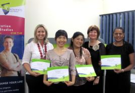 PhotoID:11559, Proud STEPS students Sandra Cant, Seon Jang, Elizabeth Valer and  Bridgit Samiak show off their completion certificates