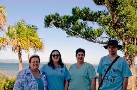 PhotoID:12383, L-R Professor Bronwyn Fredericks, Pro Vice-Chancellor (Indigenous Engagement), Workshop Coordinator Dr Lynda Hawryluk, a special guest who provided a moving Welcome to Country, Woppaburra woman Angela Leitch, and her son, emerging writer Adam Leitch