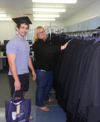 PhotoID:14990, Michael Clarke is preparing for his graduation tomorrow with CQUniversity's Graduation Coordinator Sandii Gabel. 