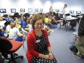 PhotoID:9281, Teacher Rachele Belz prepares for the Skype session, alongside CQUniversity lecturer Takahiro Yokoyama (rear)