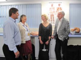 PhotoID:10863, Professor Jack Dowie and Mette Kaltoft (pictured right) meet Anthony Weber (paramedic science) and Kadie Cheney (Nursing)