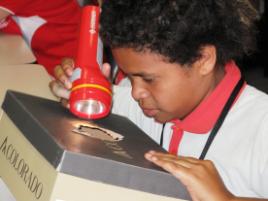 PhotoID:10032, Lakes Creek State School year 6 student Jakai Asse uses a torch and show box to simulate diagnosing using ultrasound.