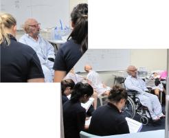 PhotoID:12303, Dr Kerry Reid-Searl teaches nursing students in character as an elderly male patient, thanks to a realistic mask and body part props 