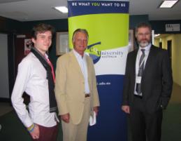 PhotoID:12883, Professor Chad Hewitt (right) welcomes media personality Jeff McMullen and Youth Parliament rep Aaron Battinson to Gladstone Campus for the Forum
