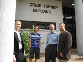 PhotoID:9193, Forum organisers Emily Franke (CQUni), Stephen Ladley (Rton High) and Dr Bob Newby (CQUni) discuss the event with Will Lutton from Heights College 