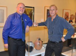PhotoID:12177, VC Scott Bowman chats with internationally recognised potter and ceramic sculptor Steve Bishopric, whose work is on display in the exhibition