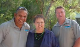 PhotoID:12421, Barry Boland and Jeff McIlroy (Back on Track) and Prof Bronwyn Fredericks, PVC (Indigenous Engagement) meet on campus recently