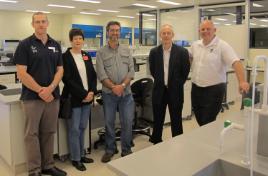 PhotoID:13010, Inaugural recipient Tim Behrens (centre) is flanked by L-R Prof Phil Brown, bursary committee members Veronica Timm (Treasurer), and David Pickering (Chairman of the Bursary Trust) and VC Professor Scott Bowman 