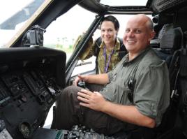 PhotoID:11137, Major Kate Ames, also a professional communication lecturer at CQUniversity in Rockhampton, with her employer, Vice-Chancellor Professor Scott Bowman. Scott is a pilot in his spare time, and enjoyed the opportunity to get up close to the Blackhawk helicopters. 