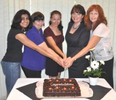 PhotoID:6852, Rinku Panchal, Jo Luck, Sandrine Makiela, Professor Jennelle Kyd and Jan Bulman celebrate at a pre-graduation lunch for doctoral graduates